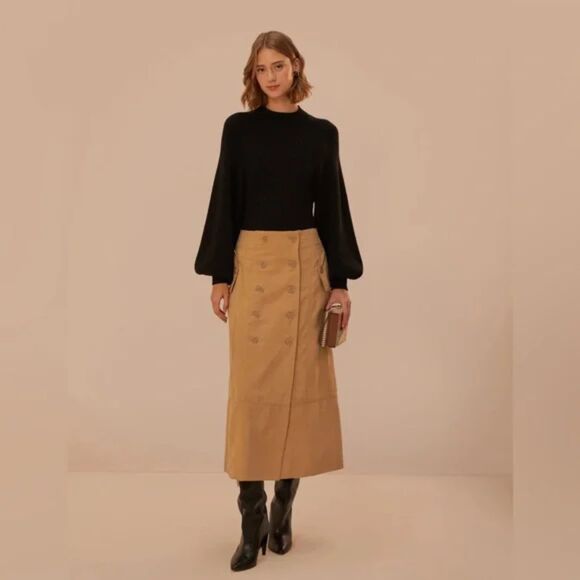 Farm Rio Tan Button Front Midi Skirt | Military Style Utility Skirt with Pockets - Picture 1 of 9